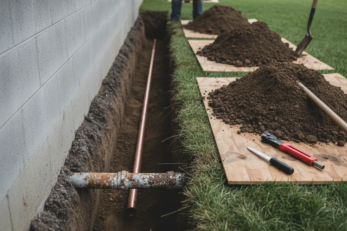 Excavated water line trench during Water Softener Installation in Lynnville